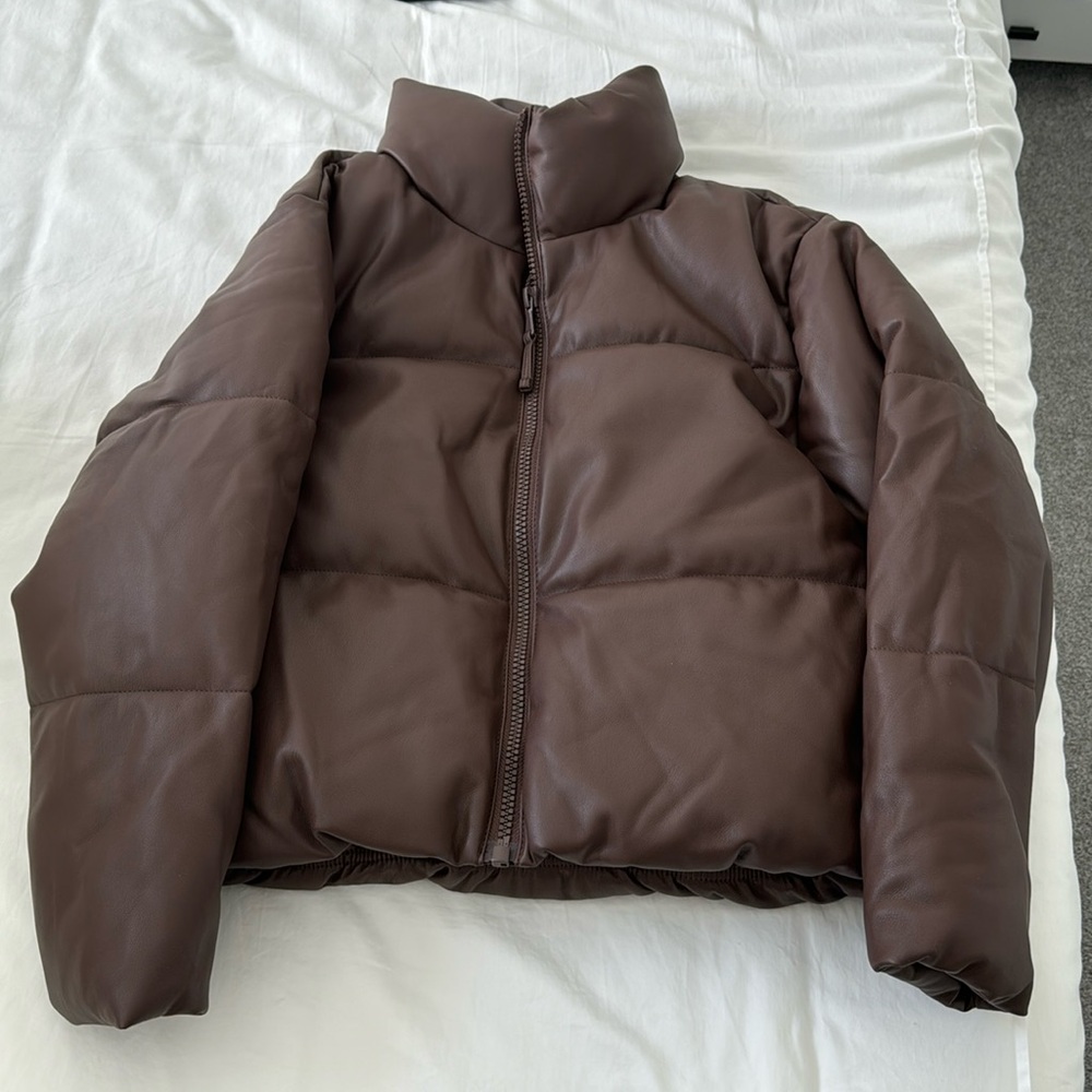 Brown faux leather puffer jacket